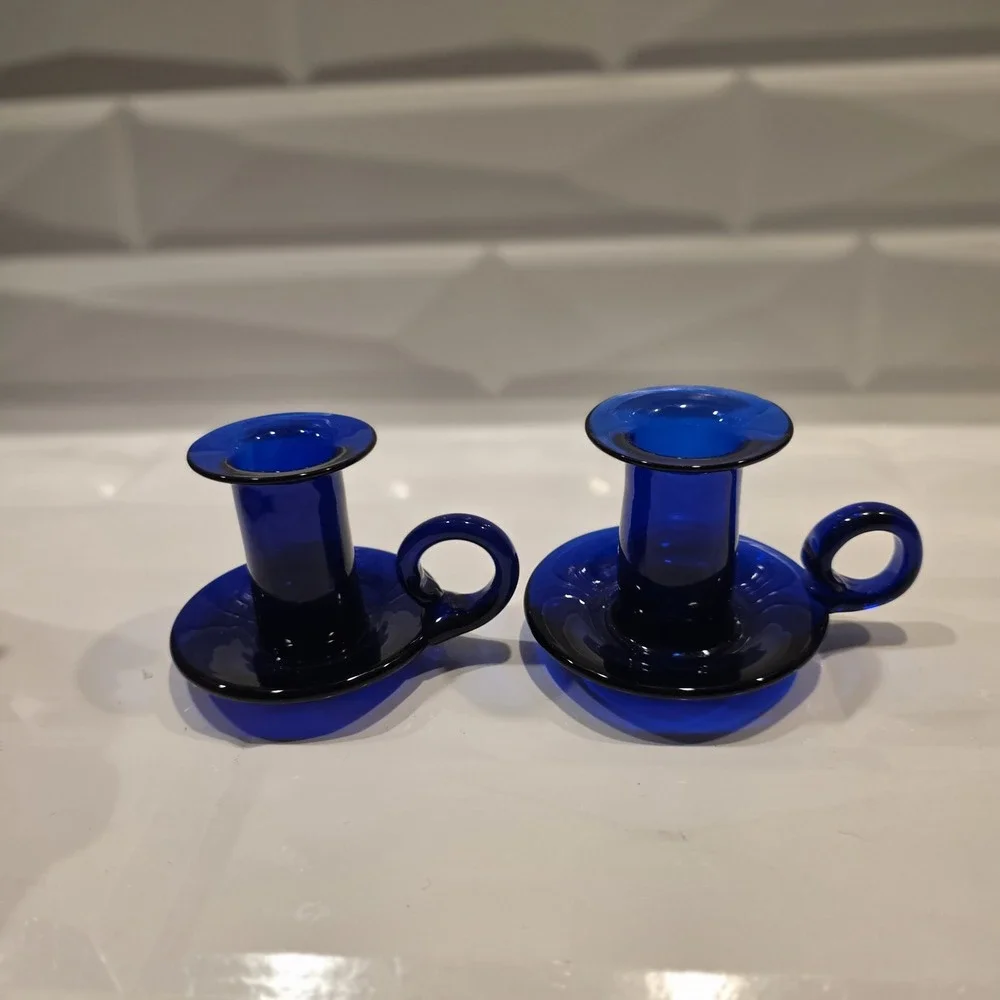 Vintage Hand Blown Cobalt Blue Art‎ Glass Finger Loop Handle Candlestick Holder
